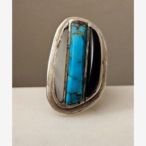 Vintage Native American Sterling Silver Turquoise, Jet, Mother of Pearl Ring
